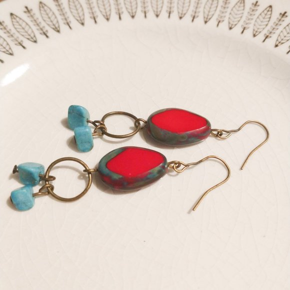 Handmade Drop Earrings - turquoise, red - Picture 3 of 3